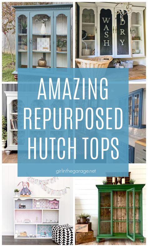 Amazing ideas to repurpose a hutch top from an old china cabinet! via Girl in the Garage Hutches As Kitchen Cabinets, Repurposed Furniture For Kitchen Cabinet, Hoosier Cabinet Top Repurposed, China Cabinet Repurposed Ideas, Old China Cabinet Repurposed, Hang China Hutch On Wall, Using China Cabinet As Kitchen Cabinets, Using Hutch For Kitchen Cabinets, China Cabinet Separated