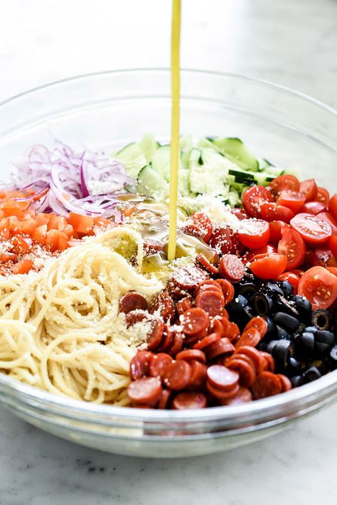 Pasta Salad Using Spaghetti Noodles, Red Wine Vinegar Pasta Salad, Pasta Salad Spaghetti Noodles, Pasta Salad Recipes Spaghetti Noodles, Greek Spaghetti Salad, Pasta Salad With Mini Pepperoni, Spaghetti Noodle Pasta Salad, Pasta Salad With Spaghetti Noodles, Vinegar Pasta Salad