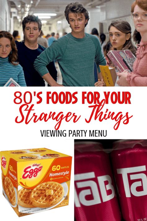 The 80s were amazing- even the foods! If you're planning a Stranger Things watching party, you'll want to add these foods from the 1980s to your list! Including, of course. Leggo Eggo Waffles. #strangerthings #1980s #80s #partymenus #strangerthingsparty Snacks From The 80s, 80s Inspired Party Food, Food For 80s Theme Party, Stranger Things Dinner Ideas, Recipes From The 1980s, 80s Appetizers, Stranger Things Food Recipes, Stranger Things Snacks Ideas, 1980s Food Recipes