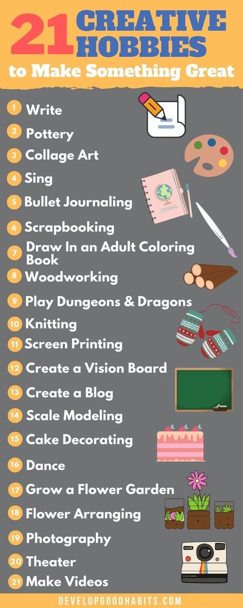 What creative hobbies can you learn that you can do from the comfort of your home? This infographic show some of the ways you can channel your creativity into some fun and enjoyable (and perhaps even profitable) hobbies without even leaving your home. (perfect for thew next quarantine) | creative hobby ideas | hobbies for men | hobbies for women | hobbies that make money | hobbies that make your smarter #creativity #hobbies #creative Hobbies For Students, Hobbies That Keep You In Shape, Hobbies That Make You Smarter, Hobbies You Can Make Money From, Interesting Hobbies Ideas, Hobbies Challenge, Creative Hobbies To Try, List Of Hobbies To Try, Men Hobbies