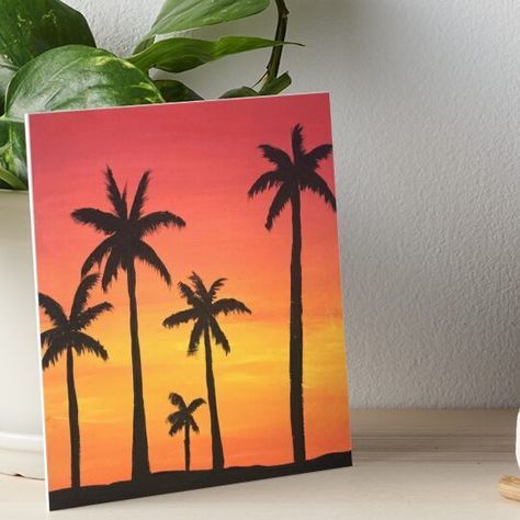 Professionally printed on firm, textured mat boards perfect for desks and shelves. Supplied with 3M velcro dots to easily affix to walls. Available in standard sizes. Hand painted sunset with palm tree silhouette Sunset And Palm Trees Painting, Palm Tree Silhouette Sunset, Sunset Texture Painting, Golden Hour Painting Easy, Canvas Painting Silhouette, Sunset Aesthetic Drawing Easy, Easy Sunrise Painting Simple, Palm Tree Silhouette Painting, Easy Acrylic Painting Ideas Sunset