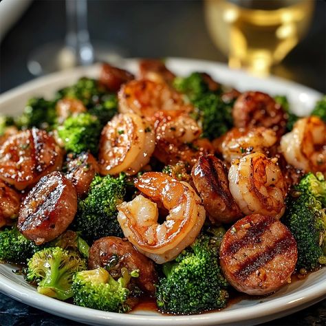 Honey Garlic Shrimp, Sausage, and Broccoli Honey Shrimp Sausage And Broccoli, Shrimp Sausage And Broccoli, Shrimp Broccoli Sausage, Broccoli Shrimp Sausage, Shrimp And Sausage Stir Fry, Honey Garlic Shrimp And Sausage, Sausage Shrimp Broccoli Recipes, Shrimp Sausage Broccoli, Broccoli And Sausage Recipes