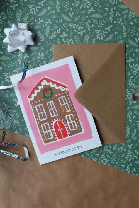 Christmas Gift Card Aesthetic, Gingerbread Christmas Cards Handmade, Noel Cards Handmade, Happy New Year Cards Handmade For Kids, Christmas Card House, Gingerbread House Christmas Card, Gingerbread Christmas Card, Gouache Christmas Card, Christmas Craft Cards