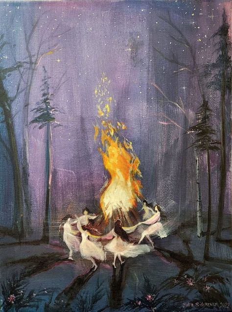 Witches Dancing Around Fire Painting, Dancing Witches Art, Summer Solstice Painting, Dancing In A Forest, Witch Painting Aesthetic, Dancing In Forest Aesthetic, Kupala Night Aesthetic, Witches Sabbath Tattoo, Witch Painting Acrylic