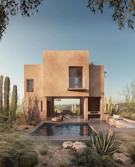 Foter Magazine on Instagram: "Nestled in #Mexico's tranquil desert landscape, Casa IBÓ by @taller.made offers a contemporary embrace of clean lines and earthy tones, merging seamlessly with the native flora and a serene poolside oasis. Images by @raumvisual #fotermagazine #foter #architecture #tallermade #architectureinmexico" Desert Modern House, Arizona House, Mexico House, Adobe House, Concrete Home, Casas The Sims 4, Architecture Model House, Desert Homes, Sims House