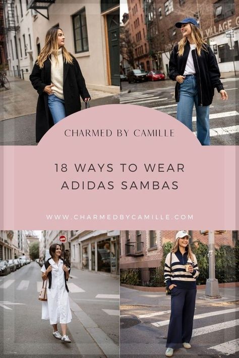 Get ready to change up your wardrobe with 18 chic and unique outfits that incorporate  Adidas Samba sneakers! From casual everyday looks to dressy night out ensembles, Charmed By Camille is sharing all the outfit inspiration you need for this fall. Follow for more Women's Autumn outfits, minimalist fashion, and style guides. Adidas Giselle Shoes, Adidas Gazelle Outfits, Adidas Gazelle Indoor Outfit, Women's Autumn Outfits, Adidas Sneakers Outfit, Adidas Samba Outfit Women, Sambas Adidas Women Outfit, Adidas Samba Women, Samba Adidas Outfit