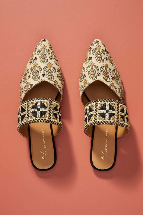 Anthropologie Paz Beaded Slides Shoes Embroidery, Exotic Shoes, Indian Shoes, Fancy Flats, Shoes Art, Pretty Sandals, Womens Footwear, Bridal Sandals, Shoe Art