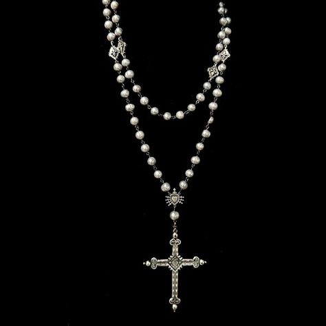 The Moonglow Sacred Heart Cross Rosary Necklace is designed as a true five decade rosary.  It is 30" inches long and comes with a 4" complimentary extender that allows the necklace to be double.  It features 9mm Silver Freshwater Pearls, mini Fleur de Lis and a reproduction French Sacred Heart Cross.   The cross is two Silver Rosary Necklace, Cross Rosary, Jewelry Design Studio, Silver Rosary, Decade Rosary, Pearl Rosary, Necklaces Silver, Long Necklaces, Rosary Necklace