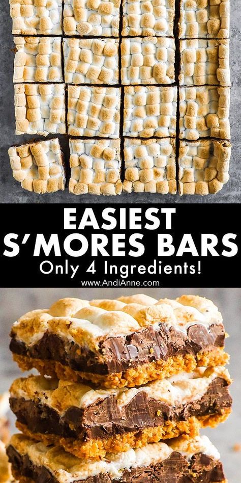 When it comes to S’more Bars, the fewer the ingredients the better. These S’more bars only require four ingredients: Marshmallows, chocolate chips, graham crackers, and butter. Because butter makes everything better. Rocky Road Smores Bars, Easy S’mores Bars, Graham Cracker And Marshmallow Recipes, Easy Smores Bars Recipe, Easy Marshmallow Deserts, Marshmallow Graham Cracker Dessert, S’mores Trail Mix Recipe Easy, Smores Fudge Bars, Recipes With Marshmallows Easy