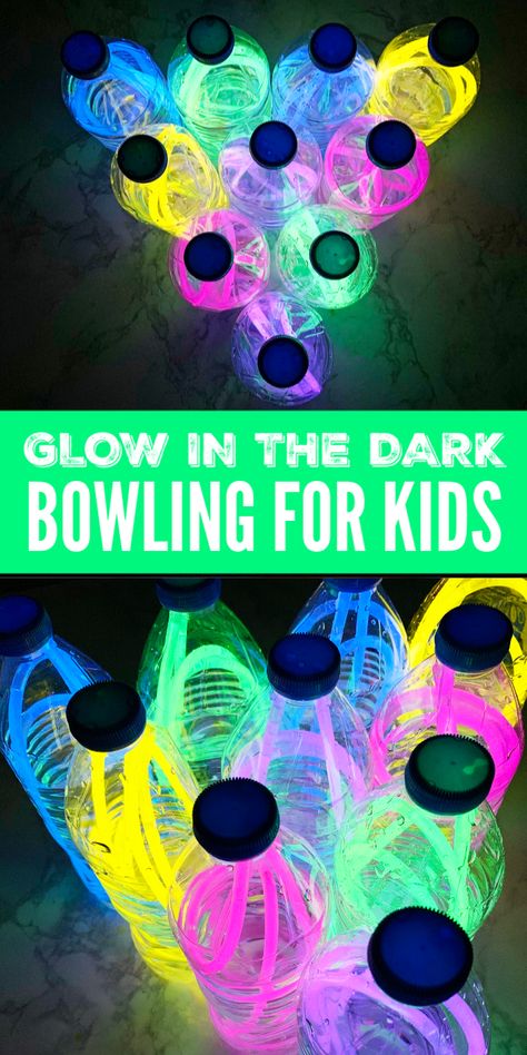 Glow in the Dark Bowling made from used water bottles and glow in the dark necklaces. A fun and easy indoor activity for kids that will make the evening loads of fun! #passion4savings #indoor #rainyday #activity #glowsticks #bowling #indoorbowling #diy #craft #activity Glow In The Dark Bowling, Easy Indoor Activities, Fun Indoor Activities, Summer Fun For Kids, Fun Summer Activities, Indoor Activities For Kids, Indoor Fun, Activity For Kids, Toddler Learning Activities