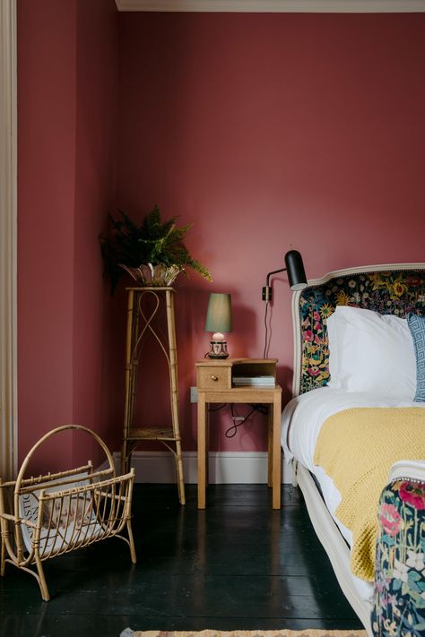 Room No. 1 at The Rose. The walls in this room are Rhubarb by Paint & Paper Library. Romantic Hotel Rooms, Rose Hotel, Bedroom Red, Classic Bedroom, Trendy Bedroom, Pink Bedroom, Bedroom Paint, Small Table, Classic Interior