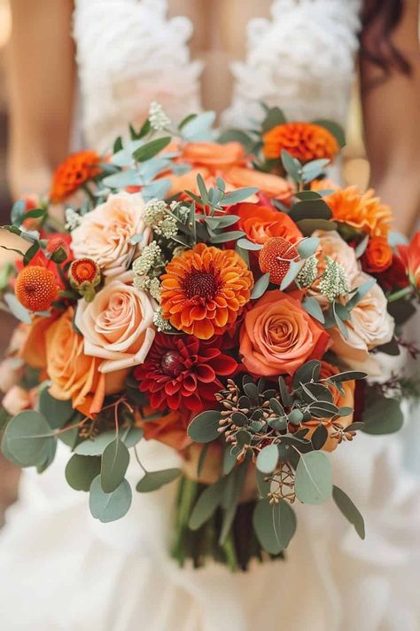 Rustic Romance: 20 Burnt Orange Wedding Ideas • Wedding Theme Fall Colors, Autumnal Wedding Theme, Burnt Orange Flowers Wedding, Orange And Red Wedding Theme, Paprika Wedding Colors, Red Orange Wedding Theme, Fall Themed Wedding Decor, Wedding Colors Burnt Orange, Burnt Orange Wedding Ideas