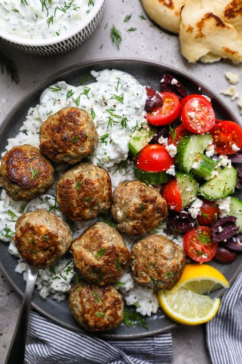 Greek Turkey Meatballs with Tzatziki Sauce - Kalefornia Kravings Turkey Meatball Mediterranean Bowl, Greek Bowls Ground Turkey, Greek Turkey Meatballs With Tzatziki Sauce, Turkey Meatball Salad, Greek Turkey Meatballs With Tzatziki, Turkey Meatball Gyros, Turkey Meatball Bowl Recipes, Turkey Gyro Meatballs, Healthily Dinner Meals