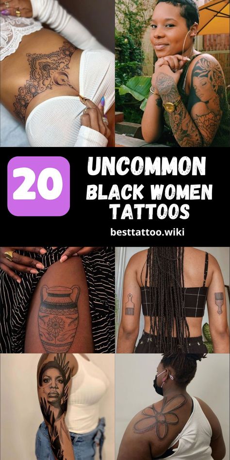 Dive into a world of empowerment and cultural significance with our curated collection of 2024's top 20 black women tattoos. From bold arm sleeves to intricate thigh designs, each tattoo celebrates Afro heritage and embodies feminine strength. Explore our selection to find the perfect expression of identity and pride, allowing you to adorn your skin with symbols that honor your roots and empower your spirit. Black Women Tattoos Ideas Thigh, Feminine Tattoos Black Women, Black Afro Tattoo Ideas, Tattoo Ideas For Dark Skin Women, Black Woman Tattoo Afro, Dark Skin Tattoos Women, Tattoos On Black Women Dark Skin, Thigh Tattoos Women Black Woman, African Tattoos For Women