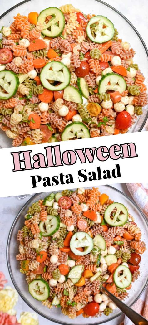 Halloween Macaroni Salad, Pasta Salad Halloween, Halloween Themed Salad, Halloween Shaped Pasta Recipes, Halloween Pasta Dishes, Halloween Salad Recipes, Halloween Pasta Salad Ideas, Spooky Pasta Salad, Halloween Pasta Recipes