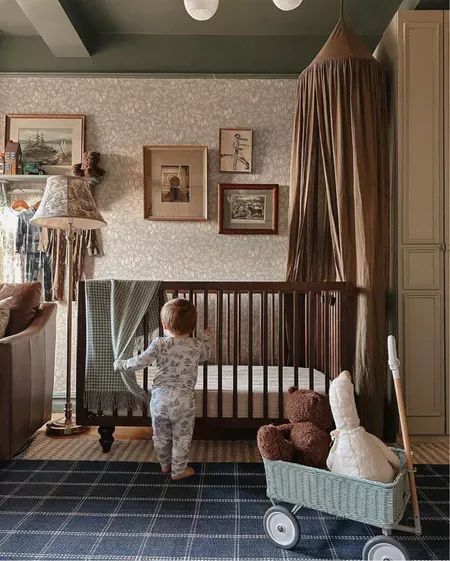 Victorian House Nursery, Nursery Dark Academia, Pretty In The Pines Nursery, Vintage Aesthetic Nursery, English Country Nursery Ideas, Prairie Themed Nursery, Muted Color Nursery, Dark Colored Nursery, Old Fashion Nursery