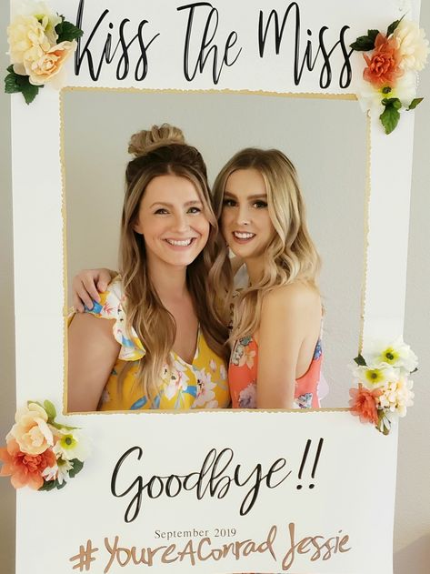 Bridal shower Kiss the miss goodbye photo booth frame Hen Party Photo Frame, Kiss The Miss Goodbye Frame, Bridal Shower Photo Booth Ideas, Bachelorette Party Photo Booth, Goodbye Photos, Luau Bridal Shower, Diy Wedding Photo Booth, Kiss The Miss Goodbye, Bridal Shower Photography