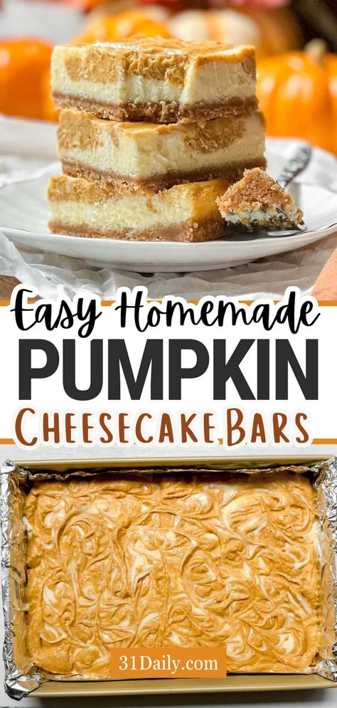 Let's make the ultimate autumn treat: pumpkin cheesecake bars. Creamy, delicious, warmly spiced, and perfect for the holidays or any fall day! Cookeskitchen1 Pumpkin Bars, Pumpkin Cheesecake Streusel Bars, Pumpkin Cheesecake Squares Bar Recipes, Chewy Pumpkin Bars, Pumpkin Cheesecake Bars No Bake, Quick And Easy Fall Treats, Work Thanksgiving Potluck Ideas, Pumpkin Cheesecake Bars Easy, Halloween Desserts Cookies