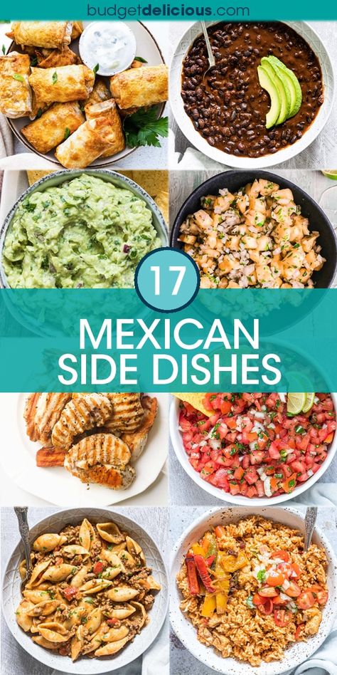 Cooking up an awesome Mexican fiesta or Cinco de Mayo parties and need some the easy Mexican side dishes to serve with it? Or just looking for some tacos side dishes, fajitas side dishes or side dishes for enchilada for use during taco tuesdays or weeknight dinner, lunches and brunch? Then find here some of the best Mexican sides including beans, rice, dips, tortillas, chips, chicken, churros and more. #mexican #sides #recipes #taco #fajita #enchiladas Taco Tuesday Recipes Sides, Sides For Pupusas, Sides For Steak Tacos, Mexican Side Dishes Recipes, Mexican Apps Appetizers Parties, Sides With Mexican Food, Mexican Lunch Party, Mexican Themed Side Dishes, Mexican Menu Ideas Dinner Parties