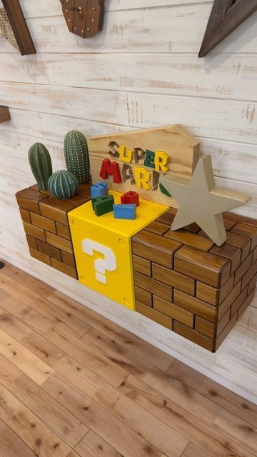 Super Mario Gaming Room, Mario Shelf Diy, Mario Blocks Diy, Super Mario Bros Bedroom Ideas, Mario Theme Room, Mario Kart Room, Diy Game Room Decor, Mario Room Ideas, Mario Room Decor Diy