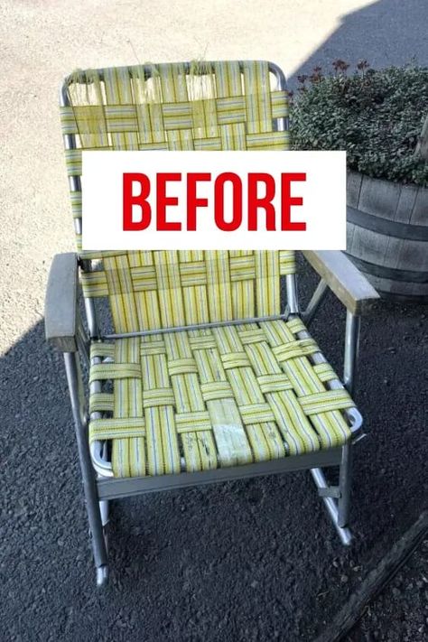 Check out this before and after old rocking chair upcycle. This is a great way to decorate Boho style on a budget. #chairupcyle #bohochair Chair Upcycle, Metal Lawn Chairs, Rocking Chair Makeover, Diy Rocking Chair, Old Rocking Chairs, Upcycle Chair, Macrame Chairs, Chair Redo, Style On A Budget