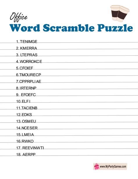 Free Printable Office Word Scramble Puzzle with Key Word Scramble Games For Adults, Kid Holiday Games, Housewarming Party Games, Anniversary Party Games, Emoji Quiz, Graduation Games, Girls Party Games, Quiz With Answers, Office Party Games