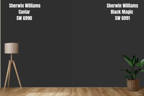 Sw Bohemian Black, Sw Black Magic Vs Tricorn Black, Caviar By Sherwin Williams, Sherwin Williams Black Cabinet Color, Caviar Cabinets Sherwin Williams, Black Magic Paint Color, Caviar Black Sherwin Williams, Sherwin Williams Caviar Accent Wall, Black Magic Sw Paint