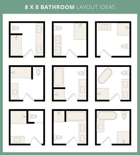 9 Creative 8x8 Bathroom Layout Ideas to Maximize your Space - Hydrangea Treehouse Bathroom Addition Ideas Layout, 8x8 Bathroom Layout, L Shaped Bathroom Layout, Square Bathroom Layout, Bathroom Layout Ideas Floor Plans, Ensuite Layout, Bathroom Floorplan, Small Bathroom Plans, Master Bath Layout