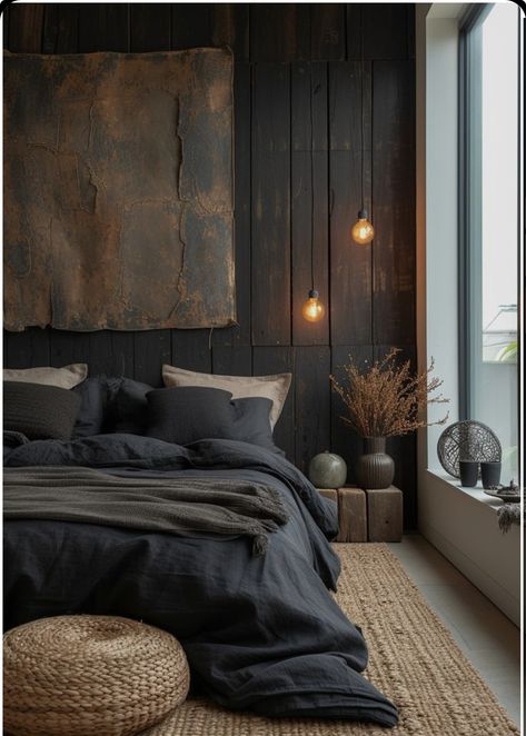 Charcoal Grey Bedding Ideas, Earthy Tone Bedding, Charcoal And Brown Bedroom, Charcoal Bedding Styling, Dark Gray Bedding Ideas, Moody Gray Bedroom, Grey And Wood Bedroom Ideas, Charcoal Grey Bedroom Ideas, Grey And Brown Bedroom