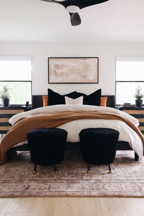 Bedroom Blankets Ideas, Bedroom Ideas For Couples Black Bedframe, Black Beach Bedroom Ideas, Comforter For Black Headboard, Bed With Black Leather Headboard, Black And Cream Bedding Neutral Bedrooms, King Sized Platform Bed, Black And Neutral Bed, Black And Wood Bed Frame