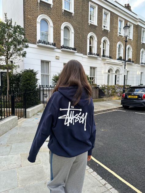 #stussy #stussyhoodie #fashion #londonaesthetic #kingsroad Navy Blue Stussy Hoodie, Navy Blue Hoodie Outfit Aesthetic, Navy Hoodie Aesthetic, Navy Stussy Hoodie, Stussy Outfits Woman, Stussy Hoodie Outfit Women, Stussy Hoodie Aesthetic, Blue Stussy Hoodie, Stussy Outfit Woman