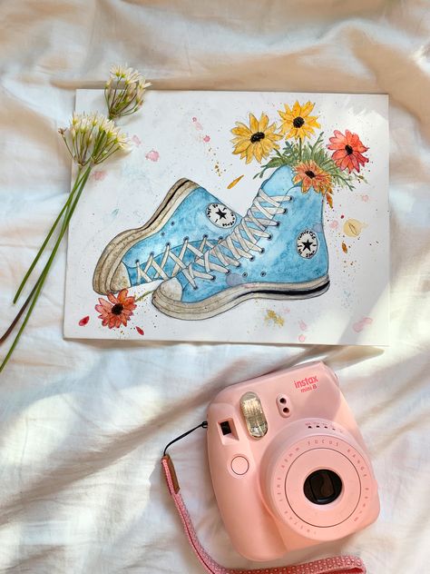 Watercolor converse with flowers painting, watercolor on canvas painting Shoes Paintings On Canvas, Converse Painting On Canvas, Shoe Painting Ideas On Canvas, Converse With Flowers, Converse Painting Ideas, Converse Painting, Drawing On Converse, Converse Drawing, Color Converse