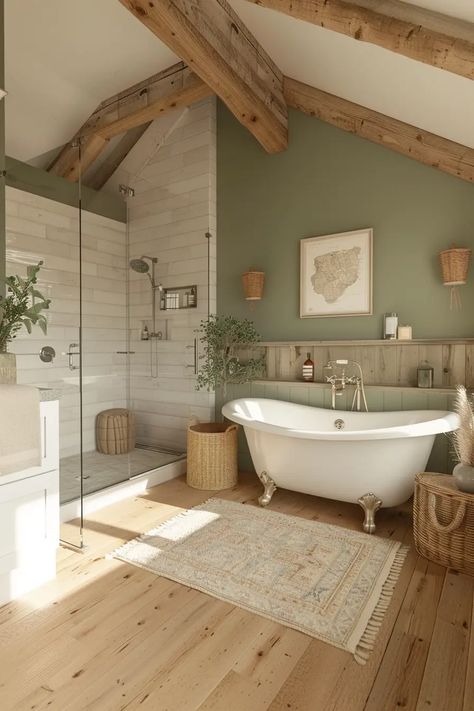 Modern Farmhouse Bathroom Master Suite, Small Boho Farmhouse Bathroom, Small Bathroom Ideas Modern Farmhouse, Rustic Farmhouse Shower Tile, Cozy White Bathroom, Earthy Master Bath Ideas, English Country House Bathroom, Modern Farmhouse Primary Bathroom, Cozy Cottage Bathroom Ideas