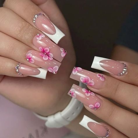 Pink Nail Designs With Flowers, Nail Designs For Italy, Floral Nails Square, Nails For Spain, Acrylic Flowers On Nails, French Tip Flower Nails, Spain Nails, Nail Info, Coffen Nails