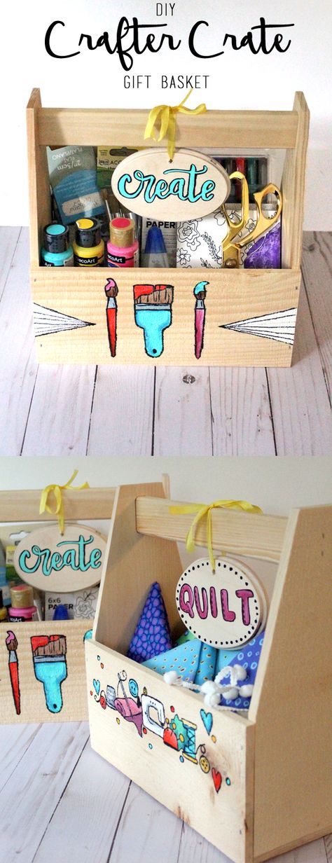 DIY “Crafter Crates”: Gift Baskets for your Creative Friends | walnuthollowcrafts Crafters Gift Basket Ideas, Arts And Crafts Gift Basket, Birthday Presents For Best Friend, Camping Gift Baskets, Friend Presents, Young Enterprise, Cheap Candles, Creative Friends, Presents For Best Friends