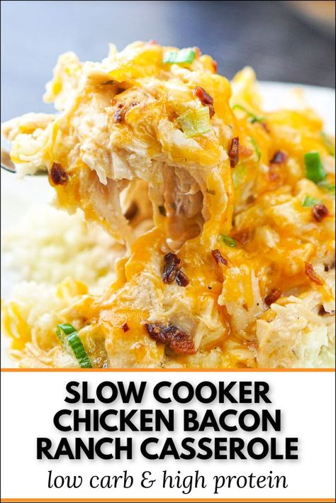 This keto chicken bacon ranch casserole is made in the slow cooker for an easy & delicious low carb, high protein dinner. Only 6 ingredients! Low Carb Chicken Crockpot Meals, Keto Chicken In Crockpot, Low Carb Chicken Recipes For Dinner Crockpot, Keto Low Carb Crockpot Recipes, Easy Crockpot Keto Meals, Carb Friendly Crockpot Meals, Keto Dinners Chicken, Crockpot Recipes Keto Low Carb, Crockpot Keto Recipes Slow Cooker