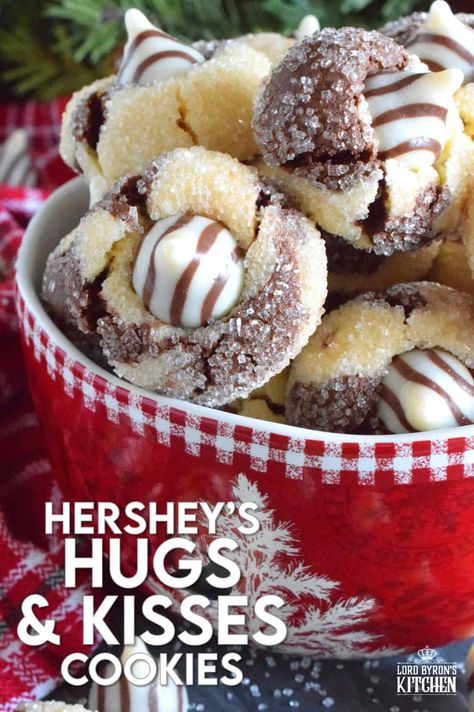 A deliciously decadent half vanilla and half chocolate cookie, coated in sugar, and topped with a chocolate kiss, Hershey’s Hugs and Kiss Cookies are a perfect holiday treat that everyone will love! These are quick and easy - no need to chill the cookie dough before baking either! Don't they look absolutely adorable!? #hershey #hugsandkisses #christmas #cookies Hugs Cookies, Kisses Cookies, Kiss Cookie Recipe, Chocolate Kiss Cookies, Christmas Cookie Recipes Holiday, Kiss Cookies, Christmas Baking Recipes, Blossom Cookies, Cookies Ideas