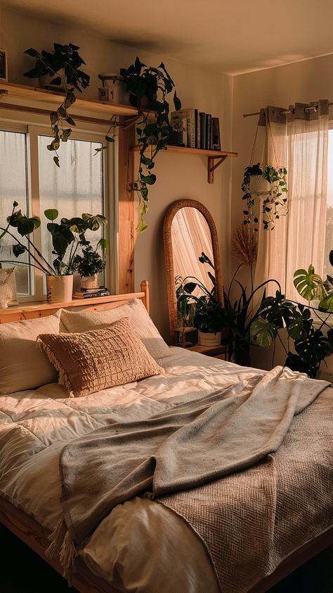 Get inspired with our chic home decor ideas and luxe trends. Discover elegant solutions and stylish updates to refresh your interiors and create your dream home. #HomeInspiration #TrendyDecor #LuxeStyle Boho Bed In Front Of Window, Bedroom Layout Aesthetic, Golden Boho Bedroom, Warm Brown Bedroom Ideas, Dark Brown Furniture Bedroom Aesthetic, Bedroom Brown Aesthetic, Light Brown Walls Bedroom, Brown And White Room Aesthetic, Bohemian Room Decor Ideas