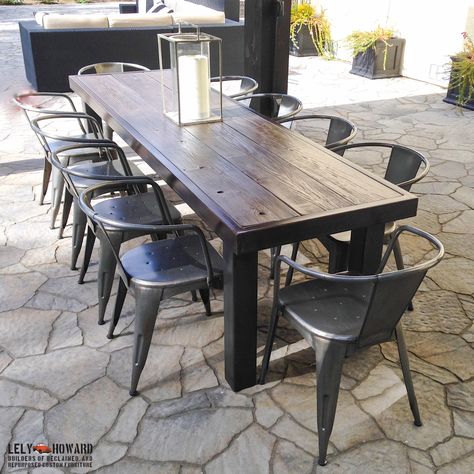 This Outdoor Dining table was built using an all Steel Frame and Reclaimed Redwood Boards treated with an all natural vinegar solution to give the material a weathered look. Redwood is naturally resistant to rot making it an ideal choice for Outdoor applications Backyard Dining Table, Metal Outdoor Table, Riddling Rack, Metal Picnic Tables, Industrial Style Dining Table, Diy Outdoor Table, Outdoor Patio Table, Picnic Tables, Outdoor Room