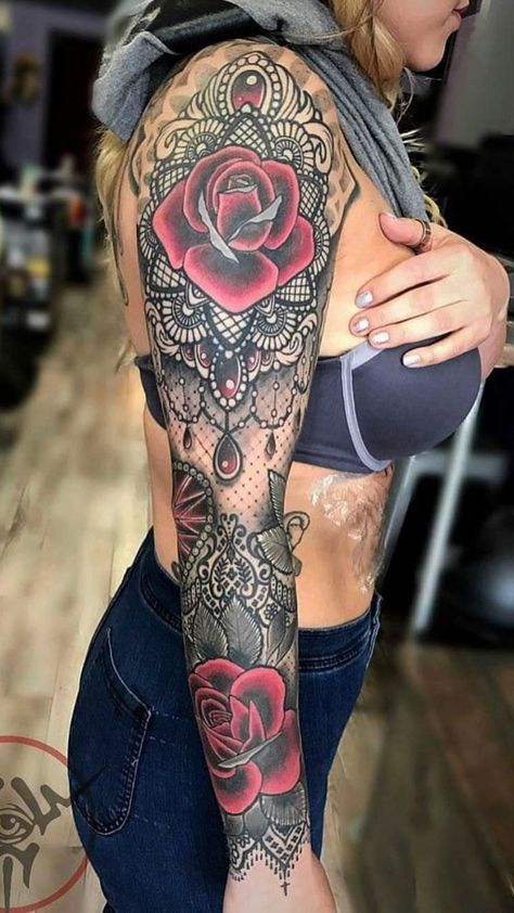 Lace Rose Tattoos, Lace Skull Tattoo, Lace Sleeve Tattoos, Delicate Tattoos For Women, Girl Shoulder Tattoos, Feminine Skull Tattoos, Skull Rose Tattoos, Arm Sleeve Tattoos For Women, Lace Tattoo Design