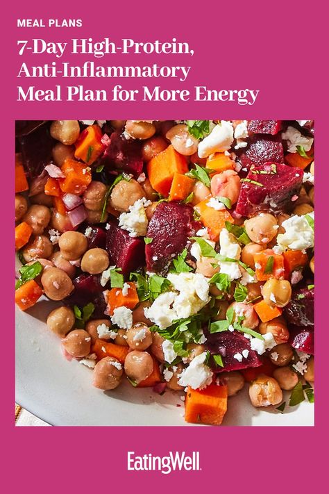 Want to boost your protein intake and energy levels? Try this 7-day high-protein anti-inflammatory meal plan created by a dietitian. #healthymealplans #healthyrecipes #mealplan #mealplanideas #mealplanning #mealprep#inflammation#antiinflammation#antiinflammatorydiet#healthyeating#eatingwell#healthy Anti Inflammation 7 Day Meal Plan, Eating For Energy Meal Plan, High Protein Nutrient Dense Meals, Simple Anti Inflammation Diet Recipes, High Energy Meals, High Protein Mediterranean Diet, Anti Inflammation Recipes Meal Prep, High Protein Anti Inflammation Breakfast, High Protein Anti Inflammation Diet