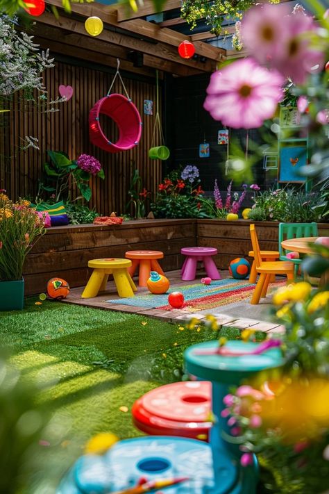 Small Courtyard Play Area, Small Outdoor Playground, Kids Garden Ideas Play, Backyard Play Area Landscaping, Children’s Garden Idea, Small Garden For Kids, Imagination Play Ideas For Kids, Small Yard Play Area For Kids, Small Playground Ideas