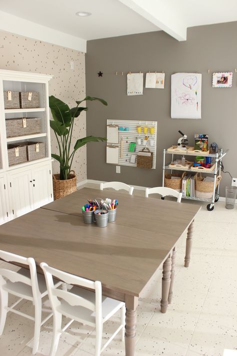 Let These Before-and-After Playroom Photos Inspire You to Transform Your Space Dining Room Playroom Combo, Dining Room Office Combo, Dining Room Playroom, Homeschool Room Design, Homework Room, 9 Birthday, Basement Playroom, Office Playroom, Kids' Playroom