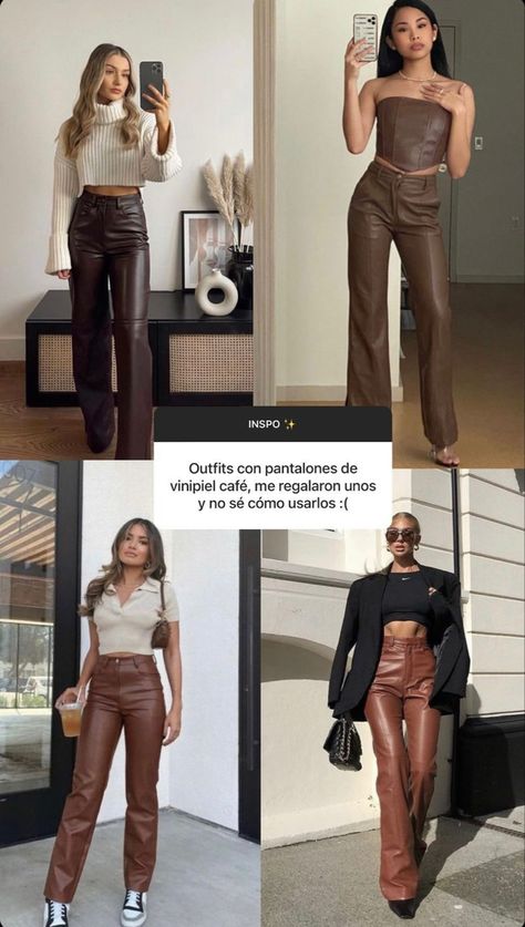 Trendy Leather Pants Outfit, Leather Pants Brown Outfit, Outfit With Brown Leather Pants, Winter Outfit With Leather Pants, Brown Flare Pants Outfit Winter, Wine Leather Pants Outfit, Light Brown Leather Pants Outfit, Leather Brown Pants Outfit, Brown Leather Pants Outfit Fall