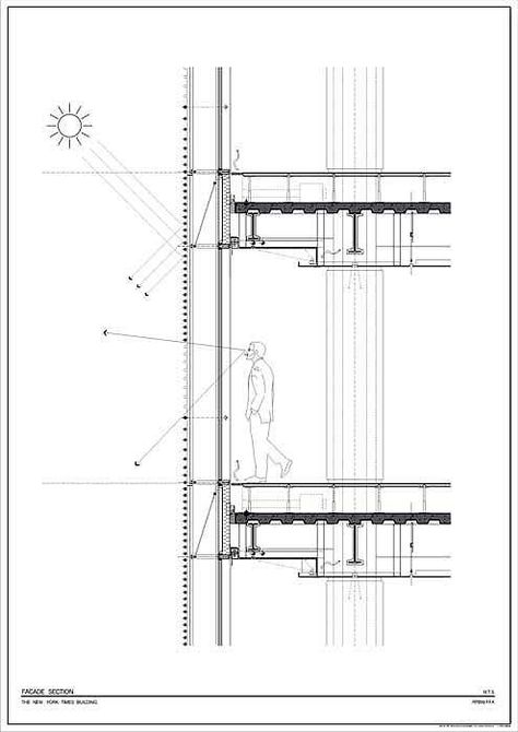 Screen Facade, New York Times Building, Kaufmann House, Construction Details Architecture, Curtain Wall Detail, Facade Architecture Design, Glass Curtain Wall, Architectural Section, Renzo Piano