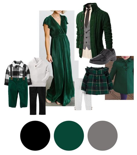 Green And Gold Family Picture Outfits Christmas, Winter Dress For Family Pictures, Green Velvet Dress Christmas Photos, Dark Green Christmas Family Outfit, Christmas Photoshoot Green Outfits, Emerald Green Christmas Photoshoot, Green Theme Christmas Family Pictures, Family Photo Style Guide Winter, Dark Green Christmas Picture Outfits