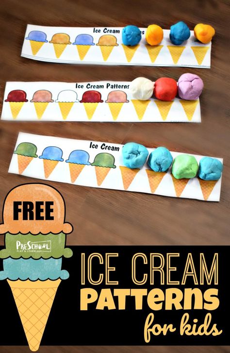 Extended Care Activities, Ice Cream Eyfs Activities, Aba Patterns Free Printable, Cross The Midline Activities, Summer Treats Preschool Activities, Preschool Activity Ideas, Patterns For Preschool, Pumpkin Playdough, Ice Cream Playdough