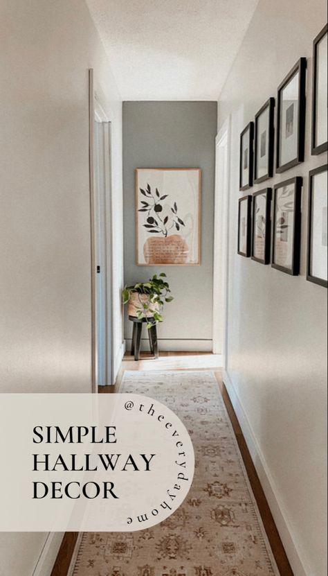 Ideas For End Of Hallway Wall, Small Hallway Ideas Wall, Long Hallway Apartment, Decorating Upstairs Hallway, Hallway Decor Ideas Narrow, Slim Hallway Decor, End Hallway Wall Decor, Narrow Entry Way Wall Ideas, Boho Farmhouse Hallway