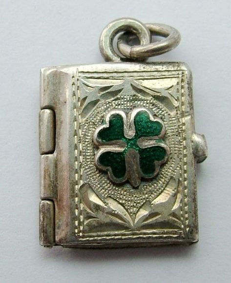 Clover Accessories, Potion Cabinet, Unique Locket, Lucky Four Leaf Clover, Book Locket, Silver Locket, Locket Charms, Silver Lockets, Funky Jewelry