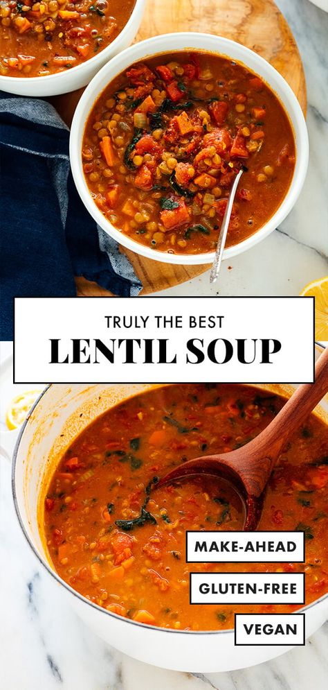 Meet my FAVORITE lentil soup recipe! It's hearty, nutritious and happens to be vegan. If you're trying to eat better this year, this soup is the perfect start. #lentilsoup #souprecipe #vegan #vegetarian #glutenfree #cookieandkate Vegan Lentil Soup Recipes, Best Lentil Soup, Best Lentil Soup Recipe, Soup Making, Lentil Soup Recipe, Vegan Lentil Soup, Spicy Soup, Lentil Soup Recipes, Vegetarian Cookbook